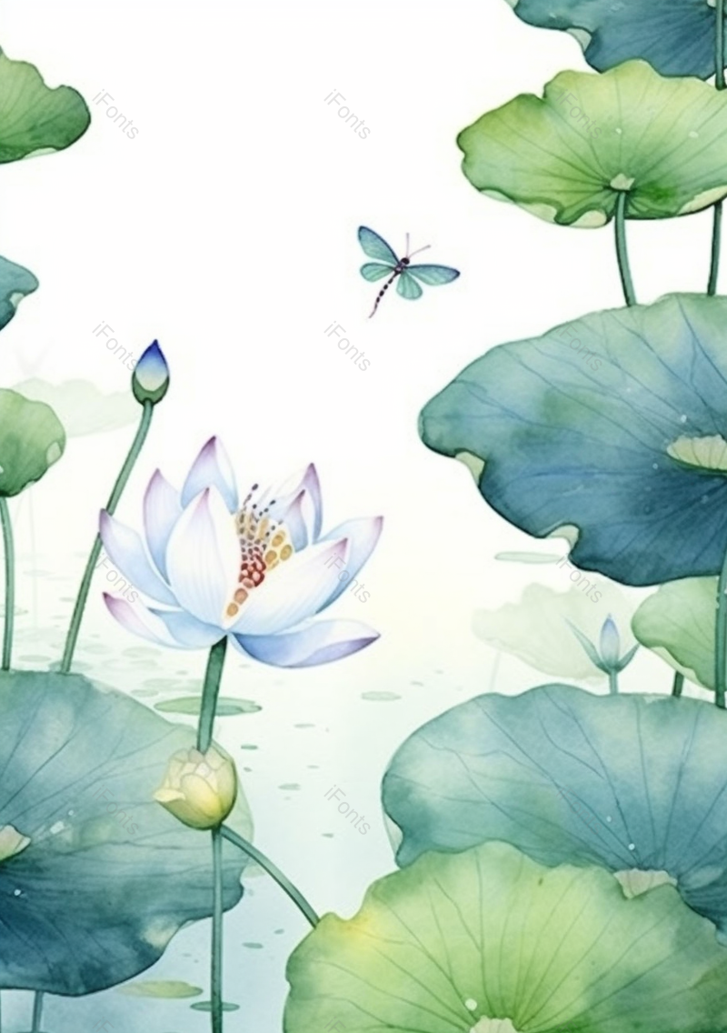 绿色中国风自然池塘荷叶荷花胡蝶插画,插画/手绘图,插画/手绘图库,插画/手绘图下载,插画/手绘